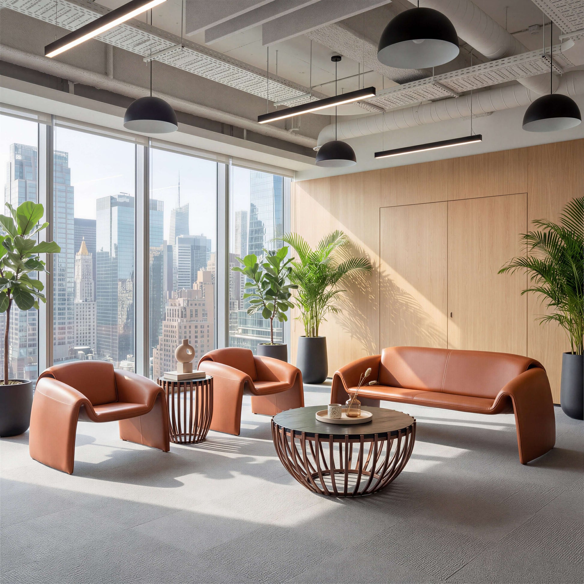 Horten Industrial Loveseat – 70” Modern Sofa with Steel Frame in a stylish office setting with large windows and city views.