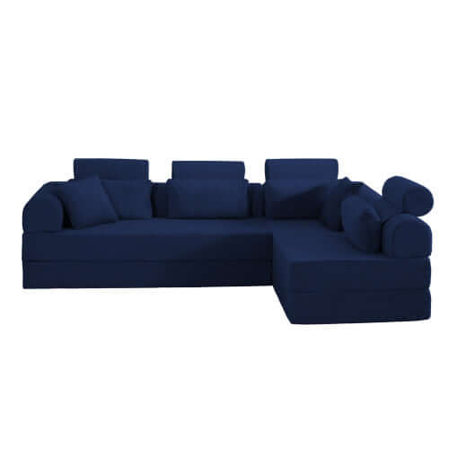 Modern Corduroy Sleeper Sectional – L-Shape Modular Sofa Bed (106” Convertible Couch) in navy blue color.
