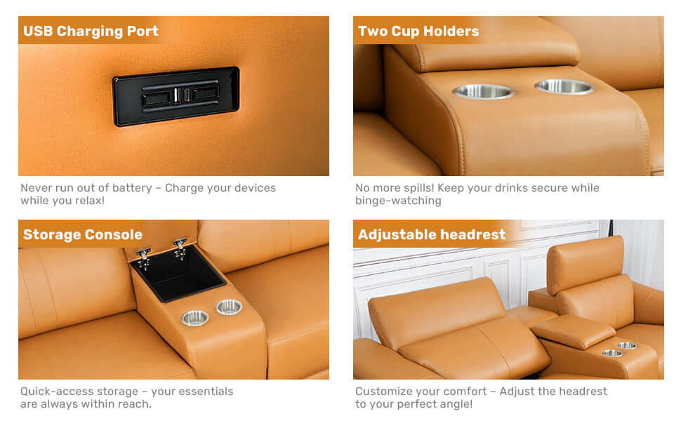 Modern Modular Leather Reclining Sectional Sofa – 6 Piece Couch with Cup Holders (Seats 5) features USB charging port, cup holders, storage console, adjustable headrest.