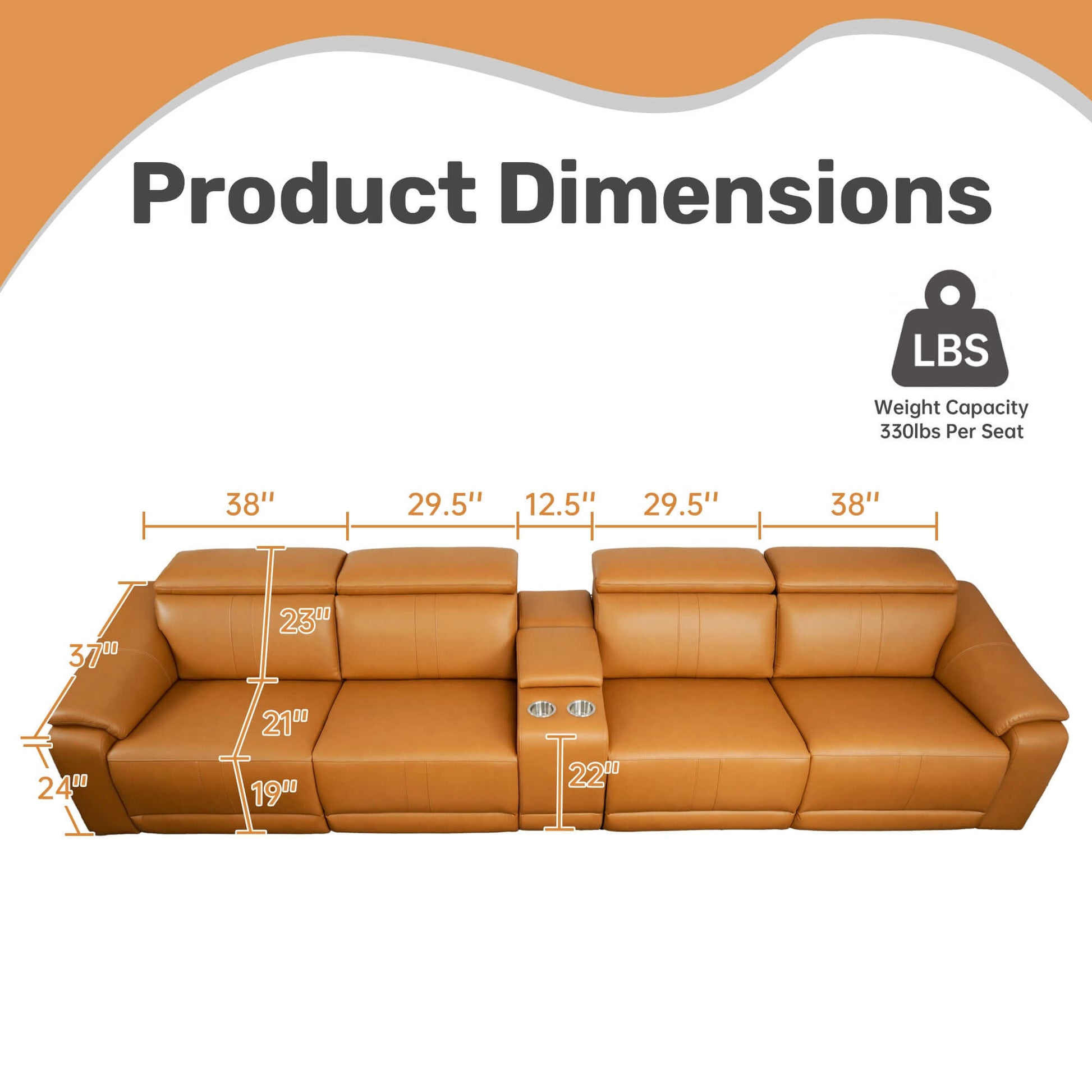Modern Modular Leather Reclining Sectional Sofa – 5 Piece Couch with Cup Holders (4 Seat) product dimensions and specifications