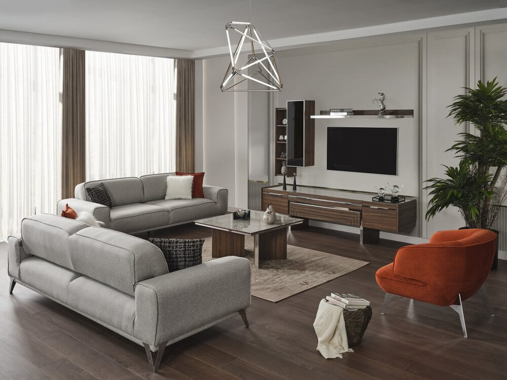 90" Linen Linen Sleeper Sofa And Toss Pillows With Silver Legs in a modern living room setting.