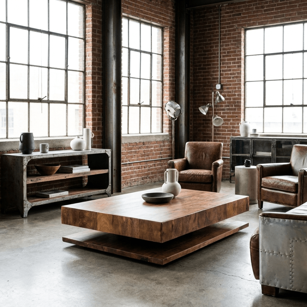 Modern Low Profile Solid Wood Coffee Table with Open Storage | 51" Mango Wood in an industrial living room setting.