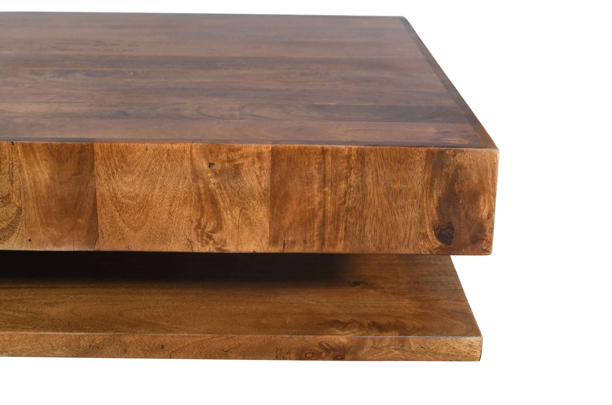 Modern Low Profile Solid Wood Coffee Table with Open Storage | 51" Mango Wood close-up view of rich espresso finish and design.