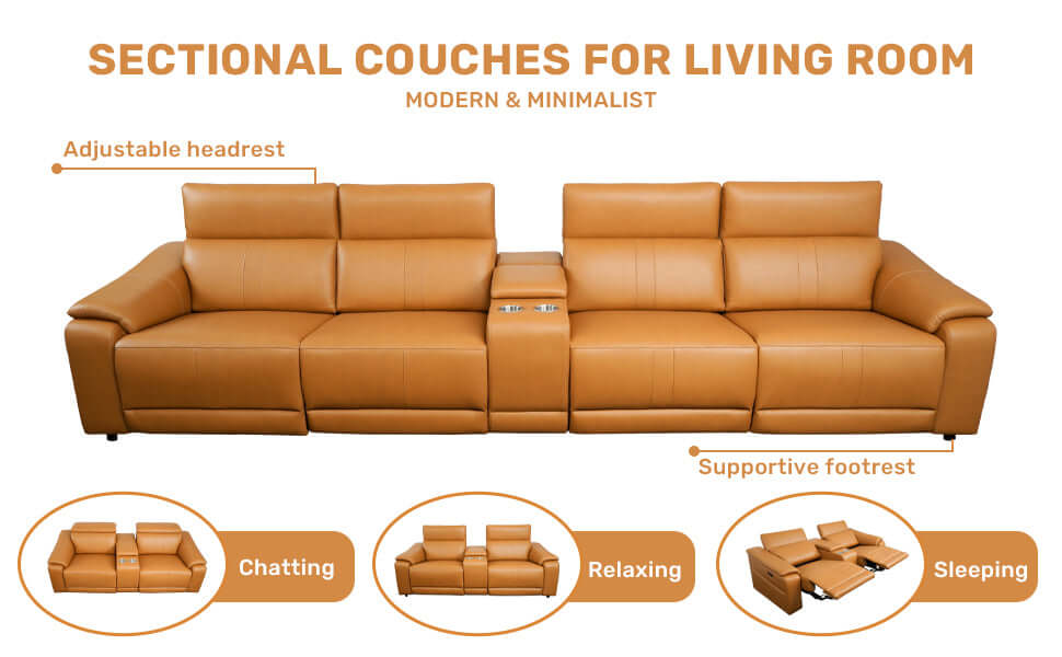 Modern Modular Leather Reclining Sectional Sofa – 5 Piece Couch with Cup Holders (4 Seat) in a minimalist living room setup.