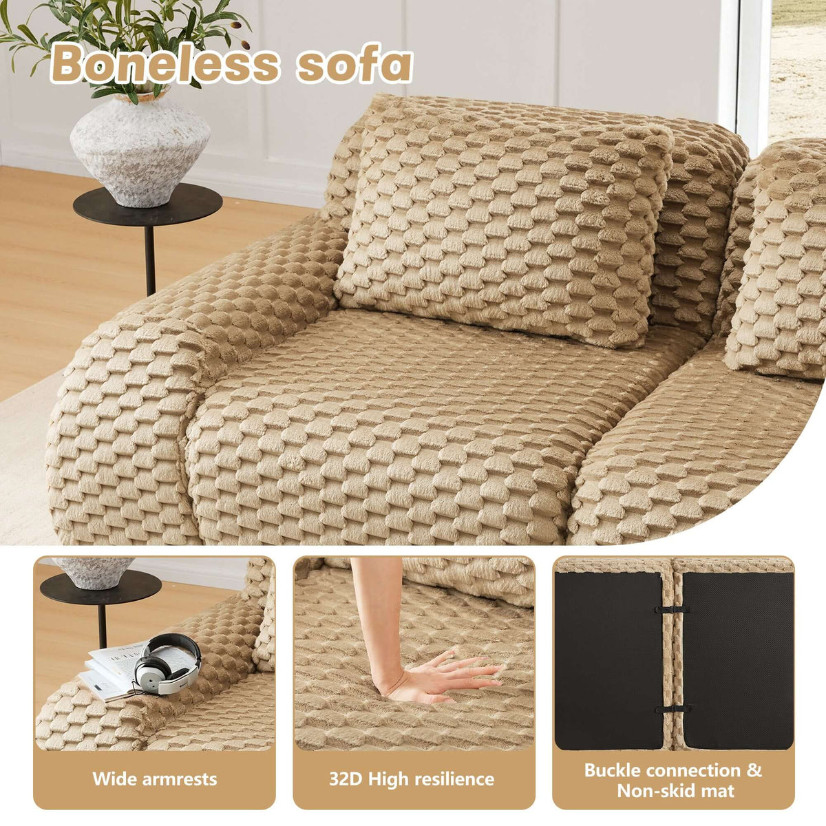 Modern Modular Flannelette Sofa – 82” Boneless Deep Seat Couch with wide armrests and soft texture.