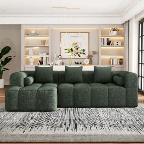 Modern Modular Chenille Sectional Sofa – 101” Deep Seating Sofa with Side Pockets & Chaise in stylish green upholstery.