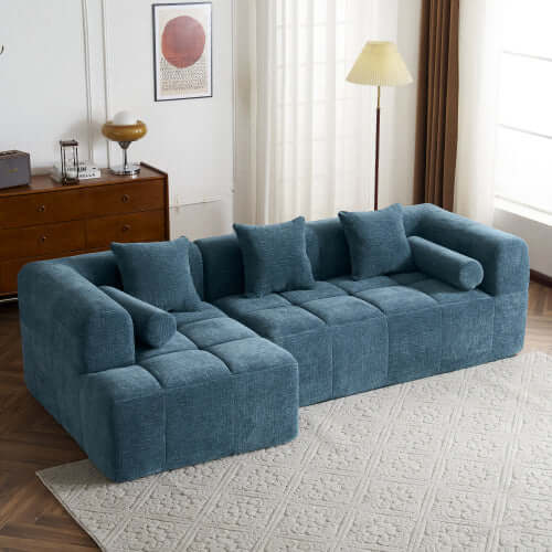Modern Modular Chenille Sectional Sofa – 101” Deep Seating Sofa with Side Pockets & Chaise in soft blue fabric.