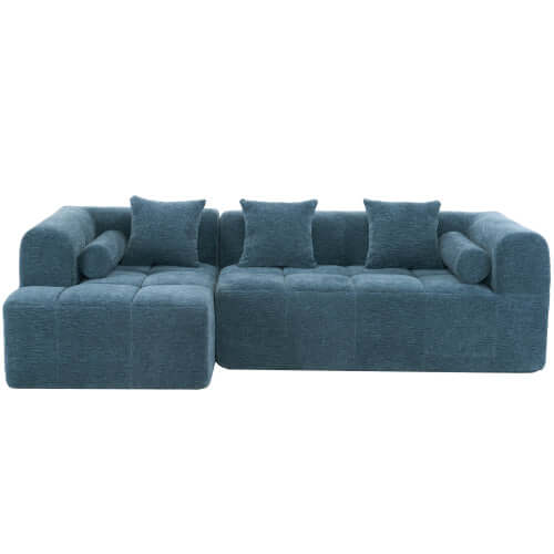 Modern Modular Chenille Sectional Sofa – 101” Deep Seating Sofa with Side Pockets & Chaise in blue fabric.
