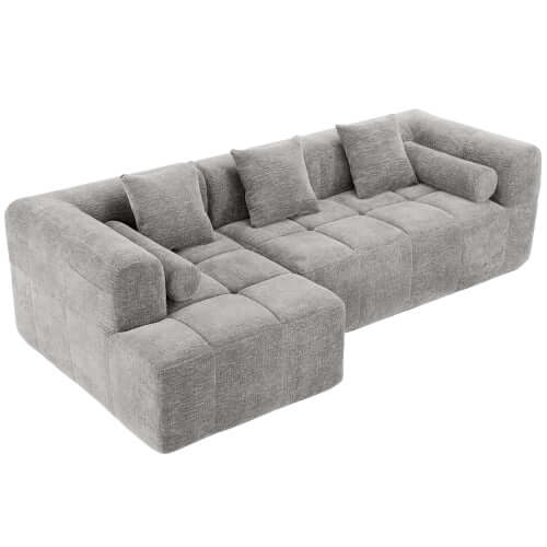 Modern Modular Chenille Sectional Sofa – 101” Deep Seating Sofa with Side Pockets & Chaise in soft gray fabric.