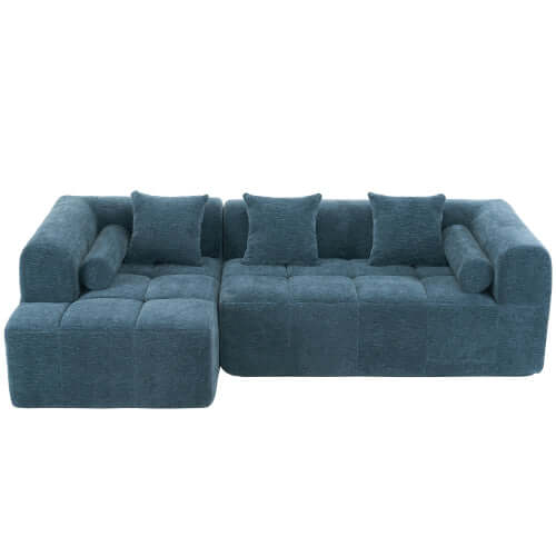 Modern Modular Chenille Sectional Sofa – 101” Deep Seating Sofa with Side Pockets & Chaise in blue fabric.