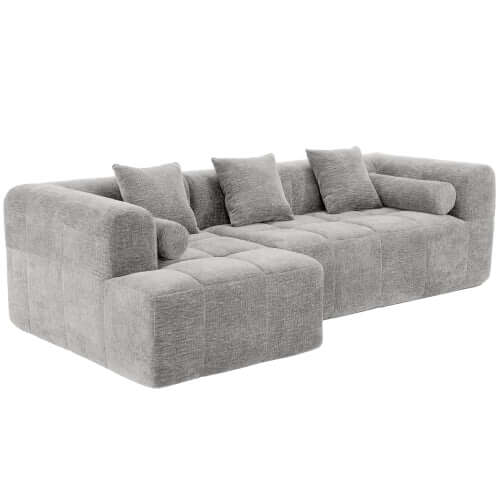 Modern Modular Chenille Sectional Sofa – 101” Deep Seating Sofa with Side Pockets & Chaise in soft gray fabric.