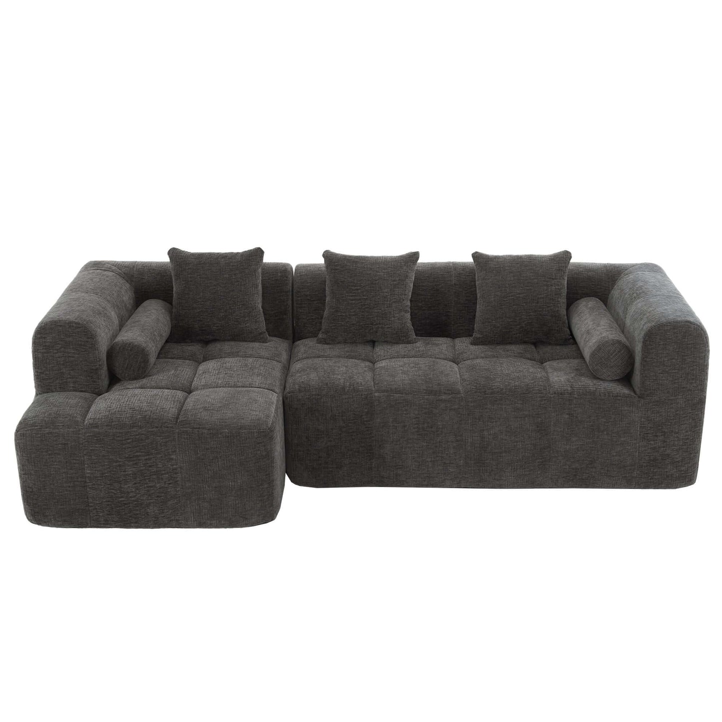 Modern Modular Chenille Sectional Sofa – 101” Deep Seating Sofa with Side Pockets & Chaise in dark gray color.