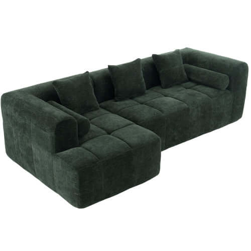 Modern Modular Chenille Sectional Sofa – 101” Deep Seating Sofa with Side Pockets & Chaise in dark green fabric.