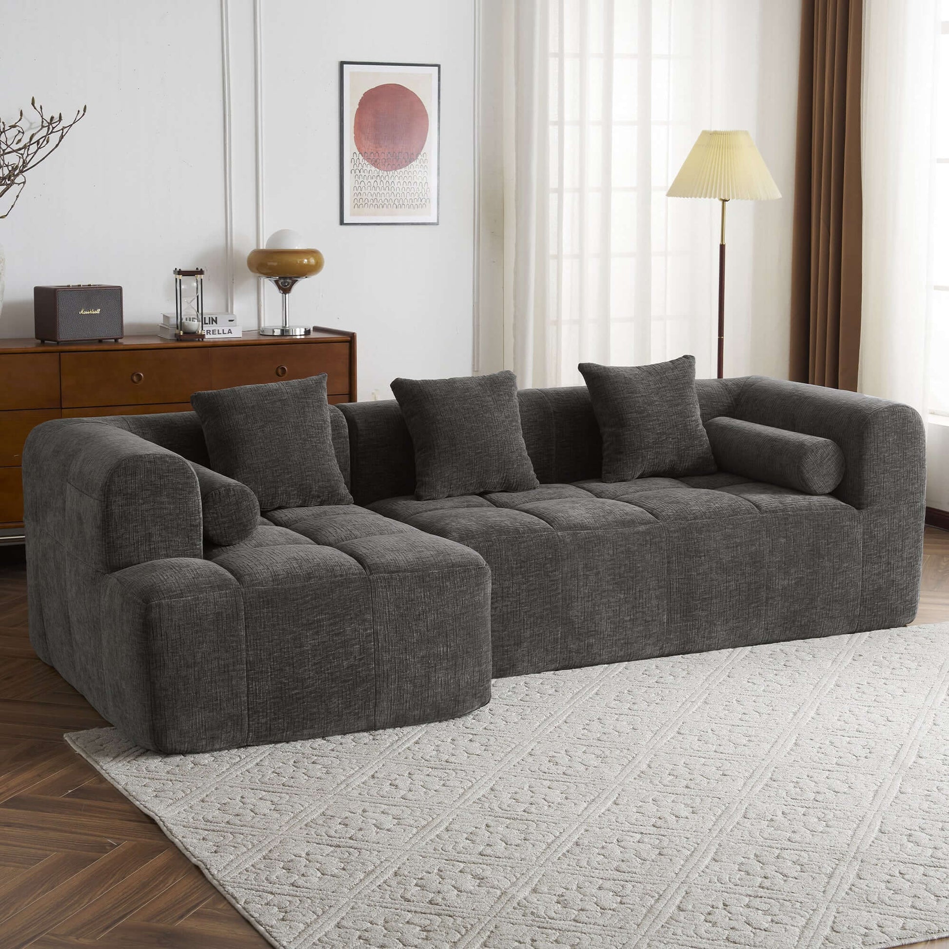 Modern Modular Chenille Sectional Sofa – 101” Deep Seating Sofa with Side Pockets & Chaise in gray fabric.