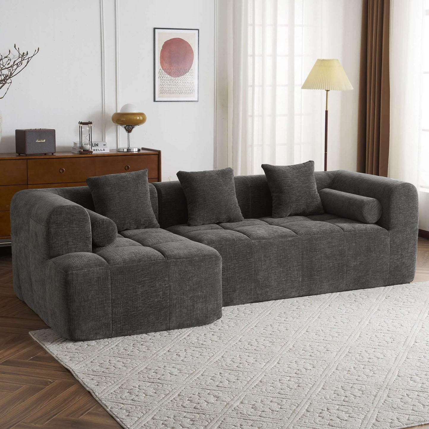 Modern Modular Chenille Sectional Sofa – 101” Deep Seating Sofa with Side Pockets & Chaise in gray fabric.