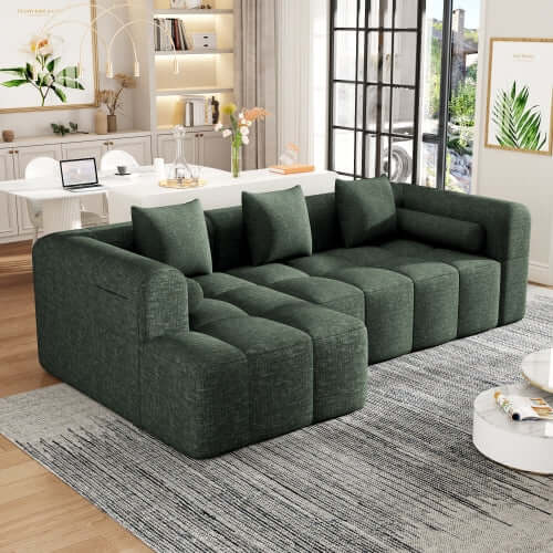 Modern Modular Chenille Sectional Sofa – 101” Deep Seating Sofa with Side Pockets & Chaise in a stylish green fabric.