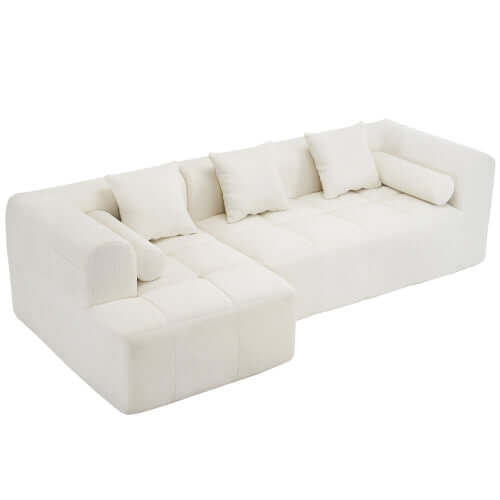 Modern Modular Chenille Sectional Sofa – 101” Deep Seating Sofa with Side Pockets & Chaise in white with plush cushions.