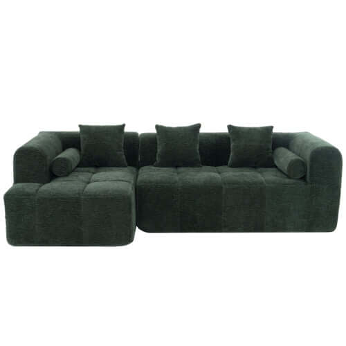 Modern Modular Chenille Sectional Sofa – 101” Deep Seating Sofa with Side Pockets & Chaise in deep green color.