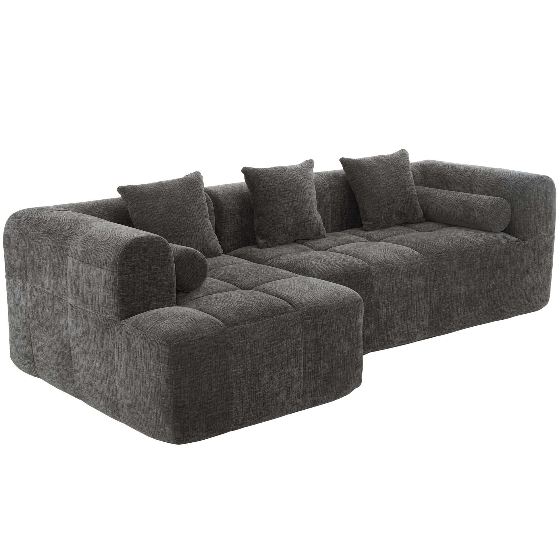 Modern Modular Chenille Sectional Sofa – 101” Deep Seating Sofa with Side Pockets & Chaise in dark gray chenille fabric.