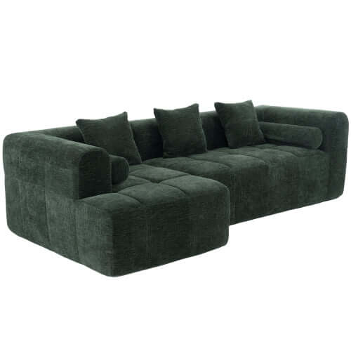 Modern Modular Chenille Sectional Sofa – 101” Deep Seating Sofa with Side Pockets & Chaise in dark green fabric