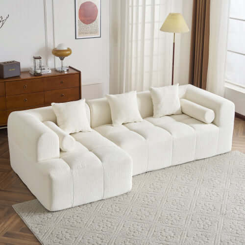 Modern Modular Chenille Sectional Sofa – 101” Deep Seating Sofa with Side Pockets & Chaise in light beige fabric.
