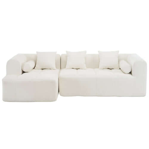 Modern Modular Chenille Sectional Sofa – 101” Deep Seating Sofa with Side Pockets & Chaise in white with plush cushions.