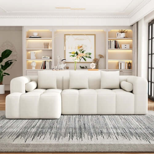 Modern Modular Chenille Sectional Sofa – 101” Deep Seating Sofa with Side Pockets & Chaise in a bright living room setting.