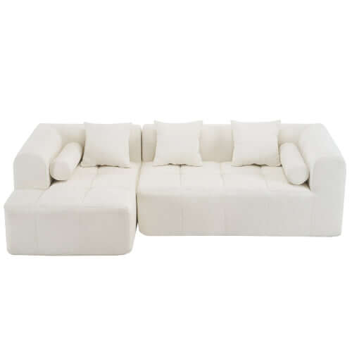 Modern Modular Chenille Sectional Sofa – 101” Deep Seating Sofa with Side Pockets & Chaise in soft white fabric.