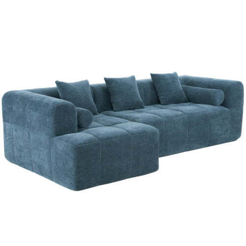 Modern Modular Chenille Sectional Sofa – 101” Deep Seating Sofa with Side Pockets & Chaise in soft blue fabric.