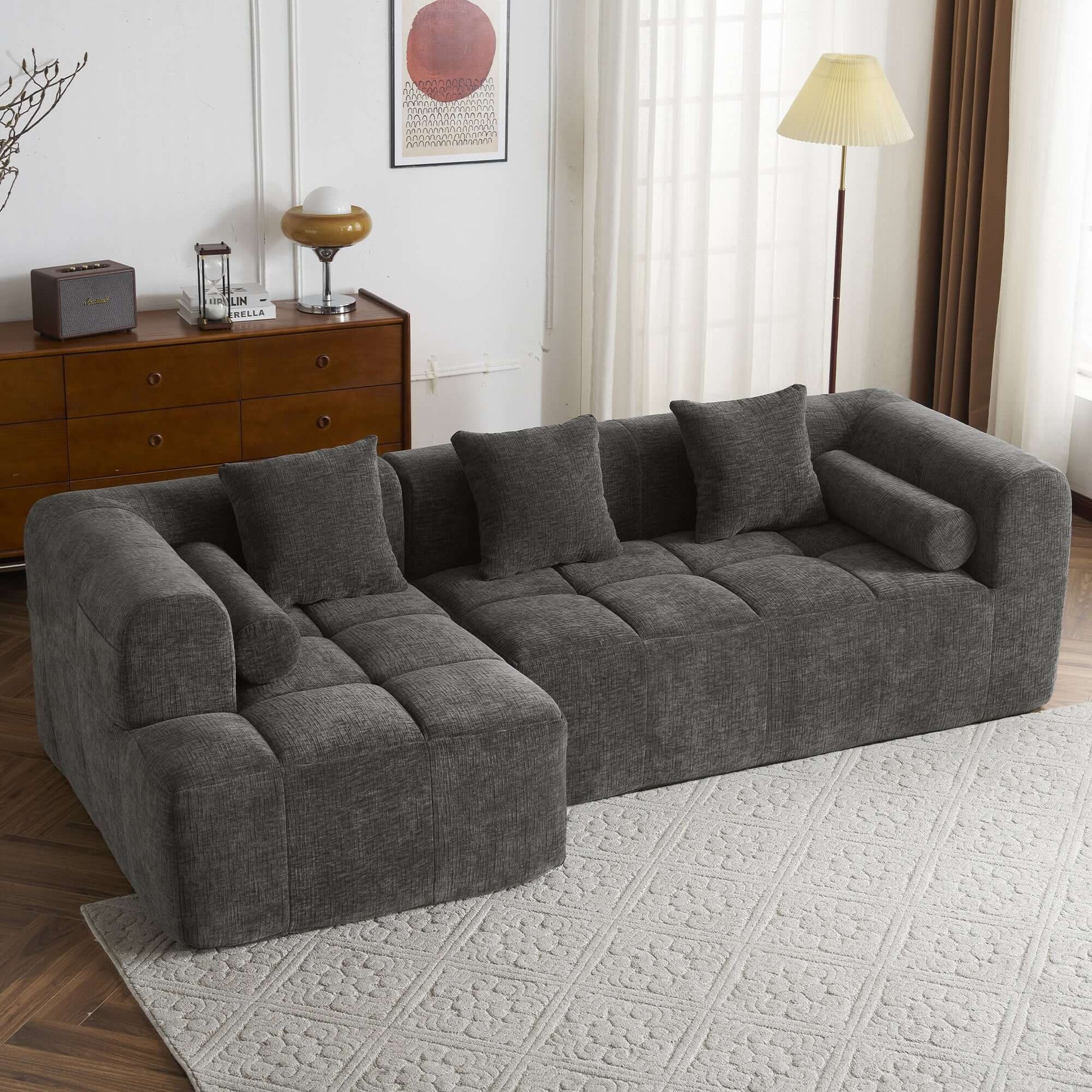 Modern Modular Chenille Sectional Sofa – 101” Deep Seating Sofa with Side Pockets & Chaise in stylish gray upholstery.