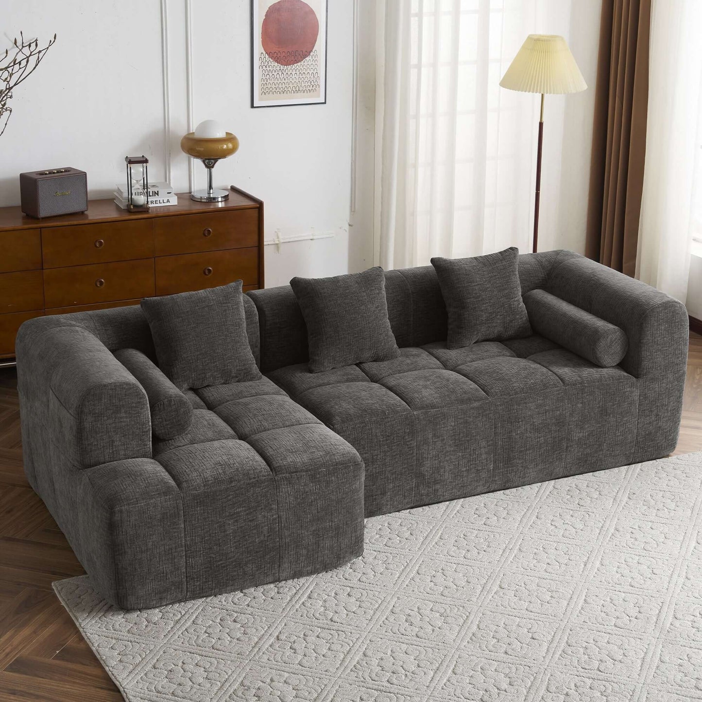 Modern Modular Chenille Sectional Sofa – 101” Deep Seating Sofa with Side Pockets & Chaise in stylish gray upholstery.