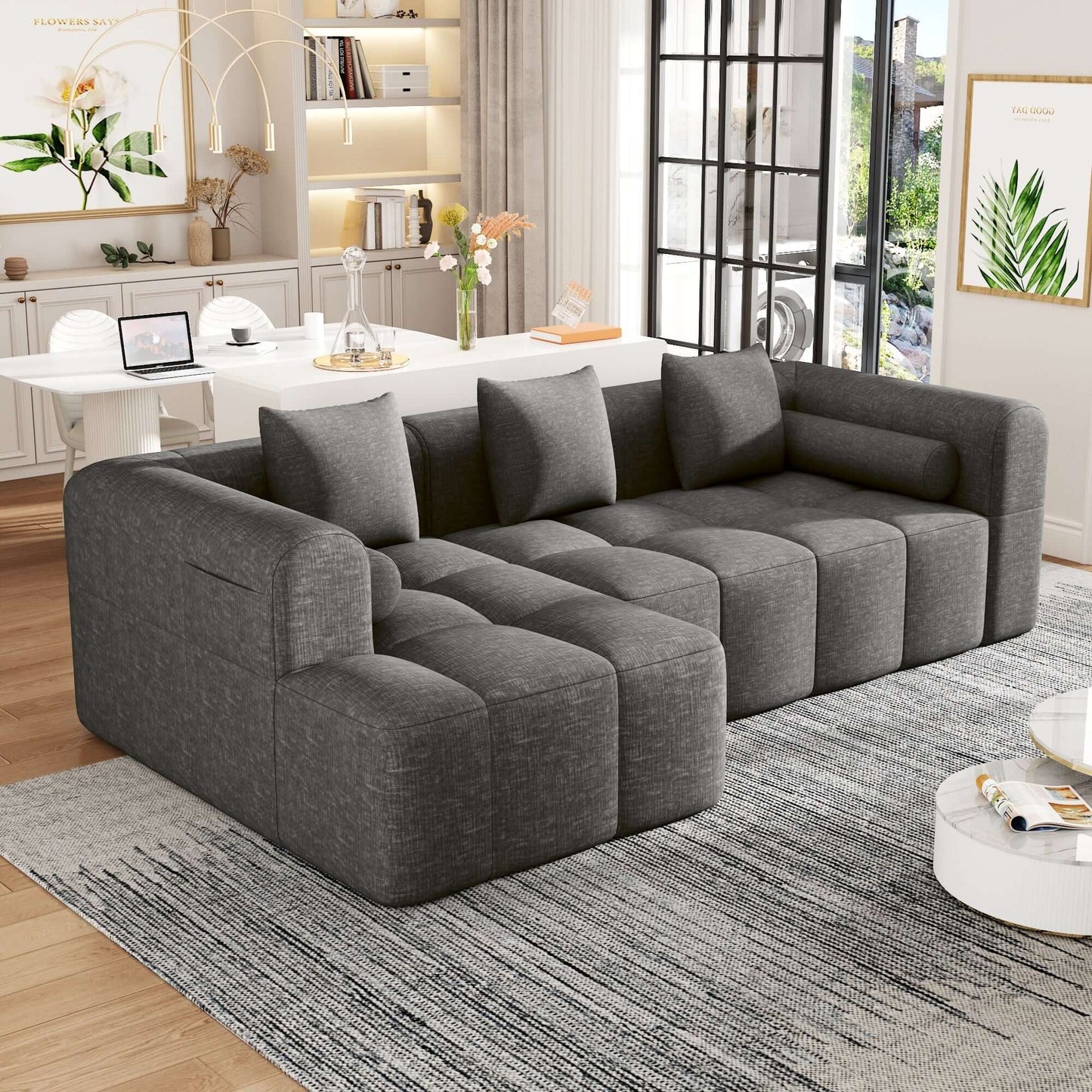 Modern Modular Chenille Sectional Sofa – 101” Deep Seating Sofa with Side Pockets & Chaise in gray fabric.