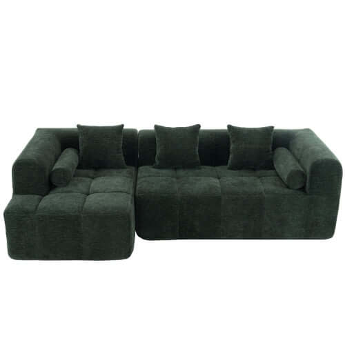 Modern Modular Chenille Sectional Sofa – 101” Deep Seating Sofa with Side Pockets & Chaise in dark green upholstery.