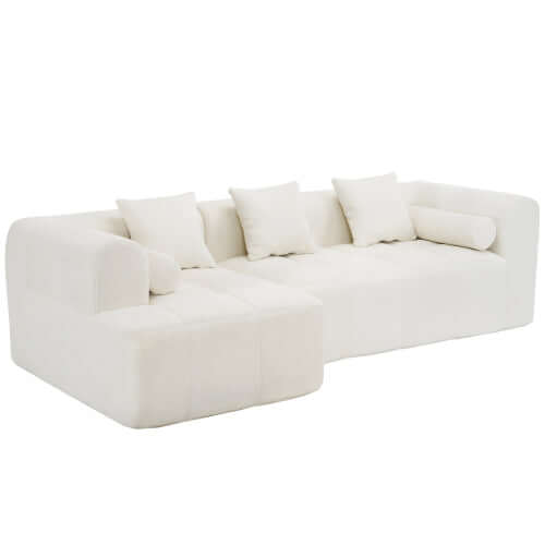 Modern Modular Chenille Sectional Sofa – 101” Deep Seating Sofa with Side Pockets & Chaise in soft white fabric.