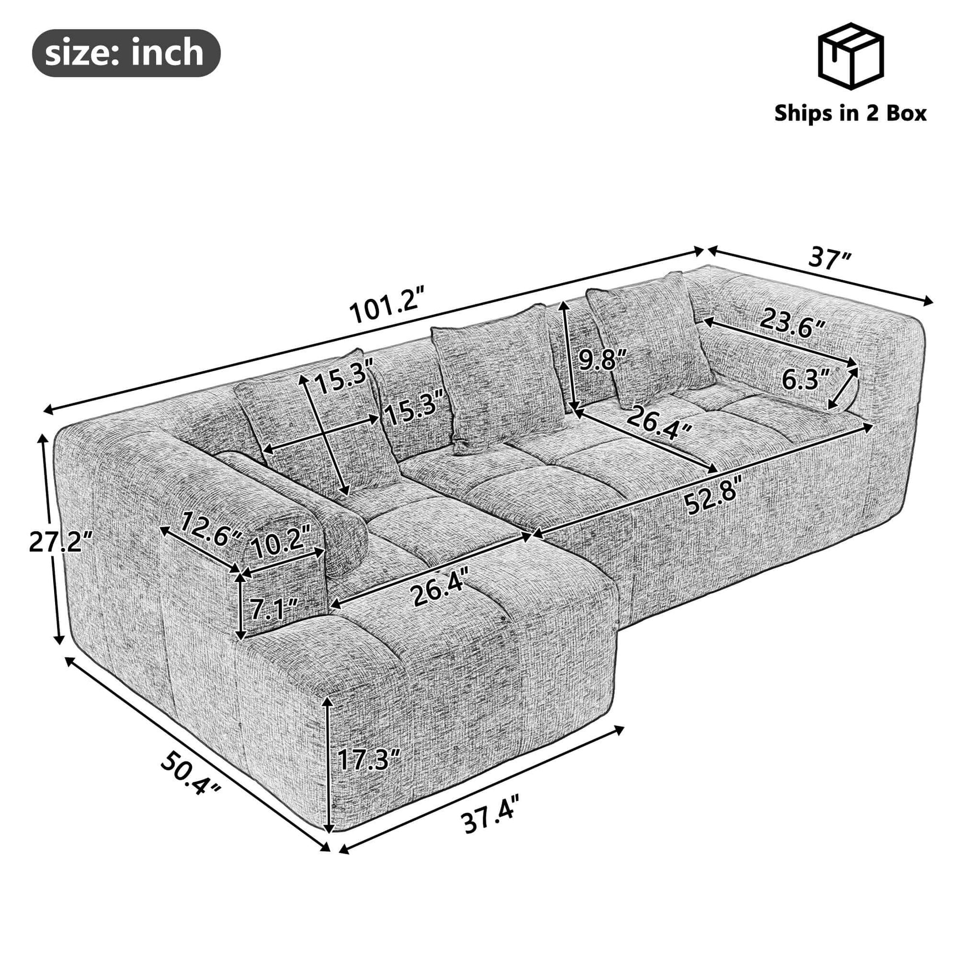Modern Modular Chenille Sectional Sofa – 101” Deep Seating Sofa with Side Pockets & Chaise dimensions and features