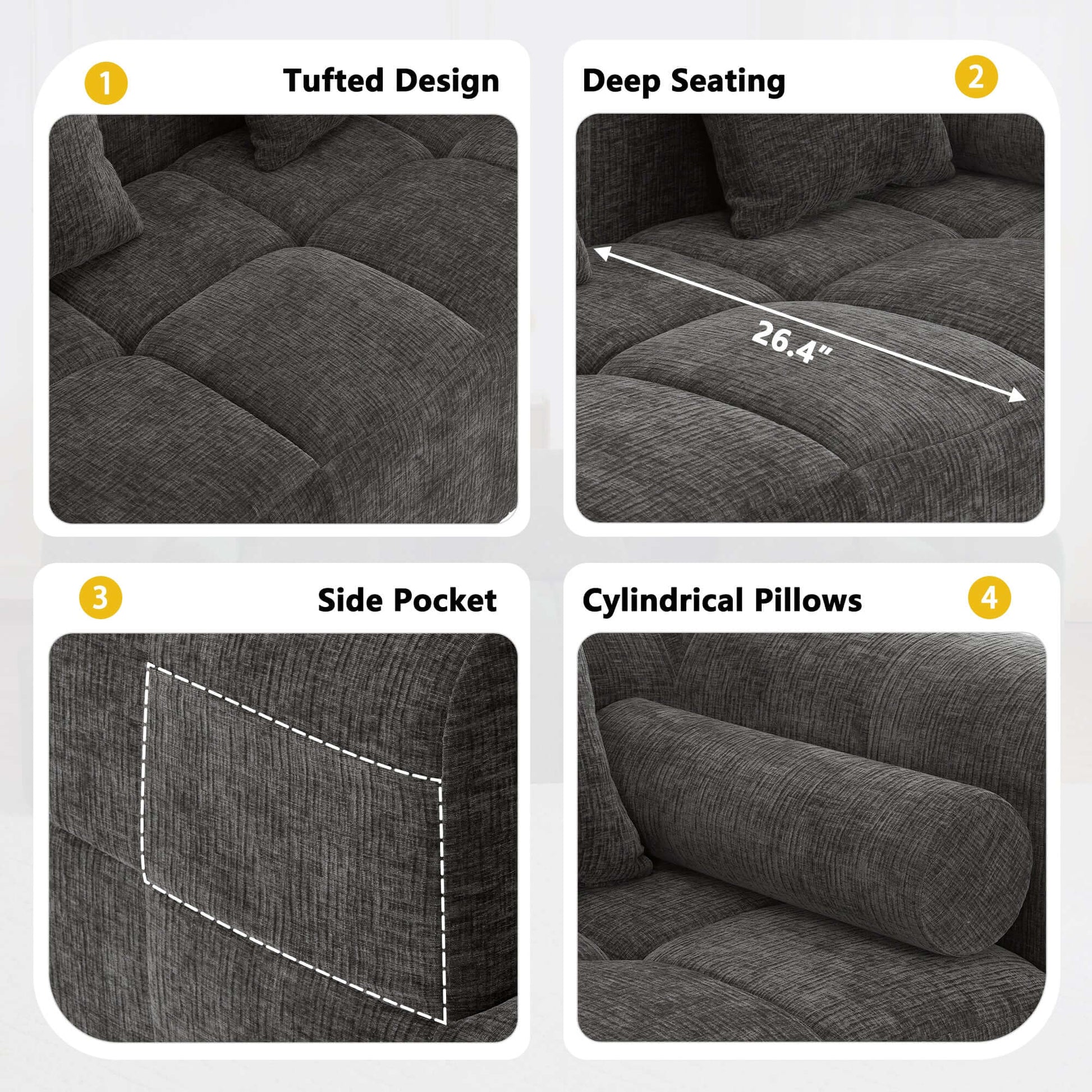 Modern Modular Chenille Sectional Sofa – 101” Deep Seating Sofa with Side Pockets & Chaise features tufted design and side pocket.