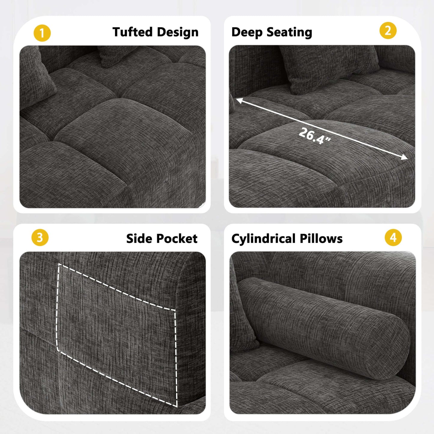 Modern Modular Chenille Sectional Sofa – 101” Deep Seating Sofa with Side Pockets & Chaise features tufted design and side pocket.