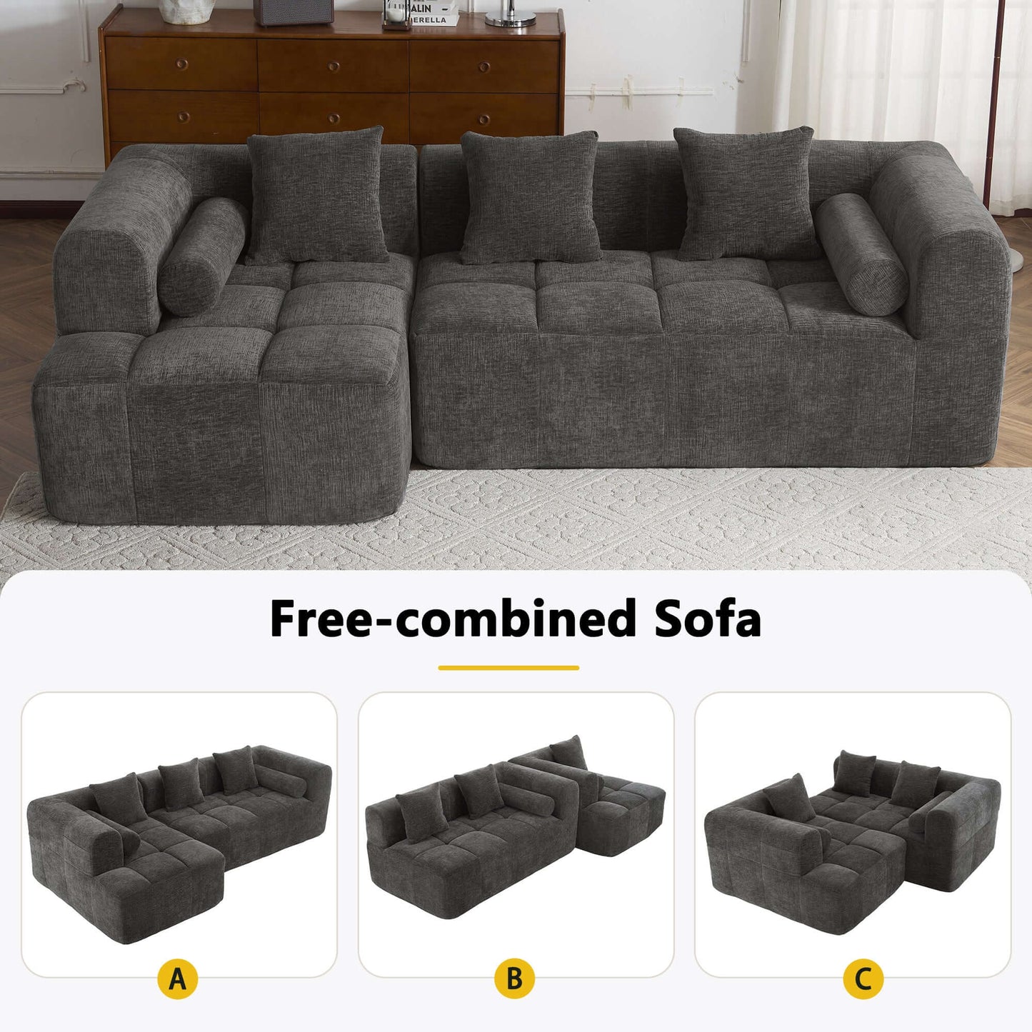Modern Modular Chenille Sectional Sofa – 101” Deep Seating Sofa with Side Pockets & Chaise in grey fabric