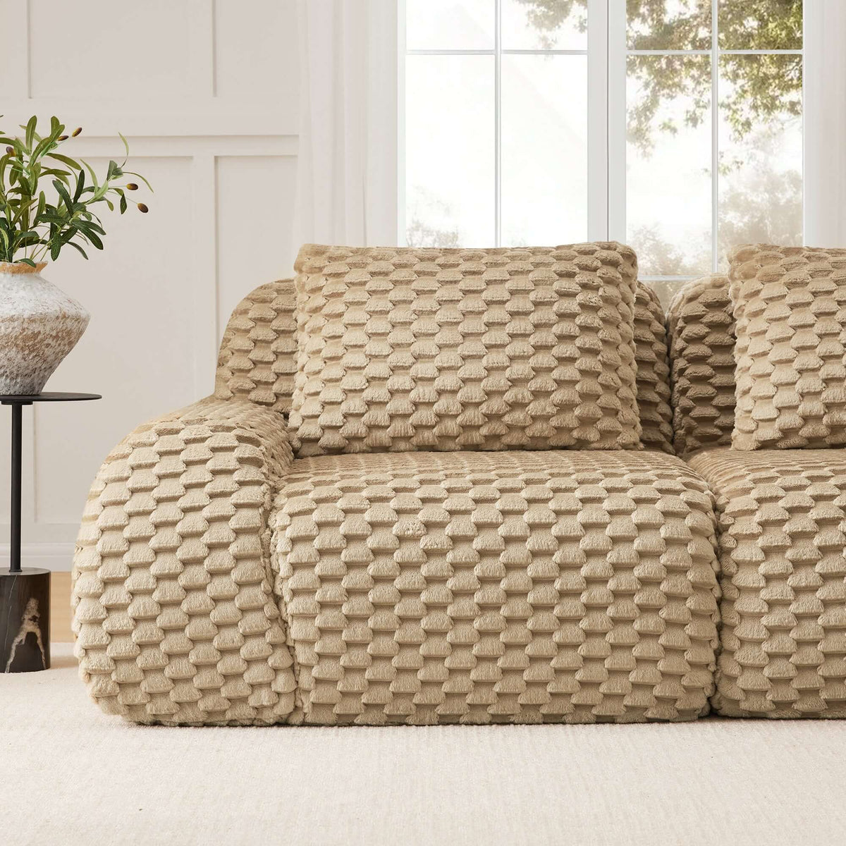 Modern Modular Flannelette Sofa – 82” Boneless Deep Seat Couch with soft texture and deep seating in a cozy living space.