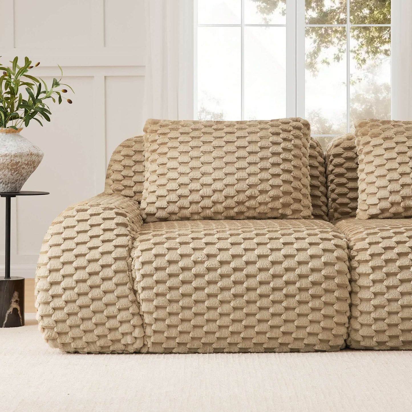Modern Modular Flannelette Sofa – 82” Boneless Deep Seat Couch with soft texture and deep seating in a cozy living space.