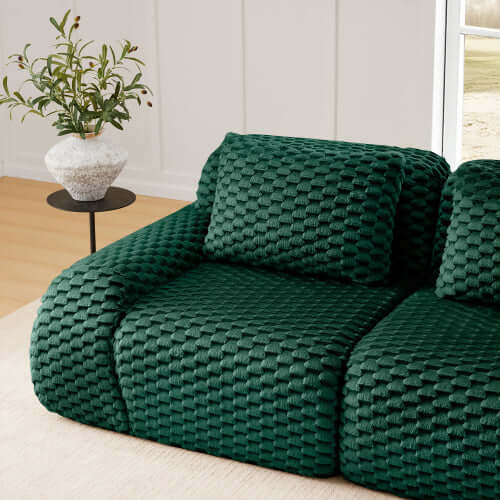 Modern Modular Flannelette Sofa – 82” Boneless Deep Seat Couch in deep green color with textured cushions.