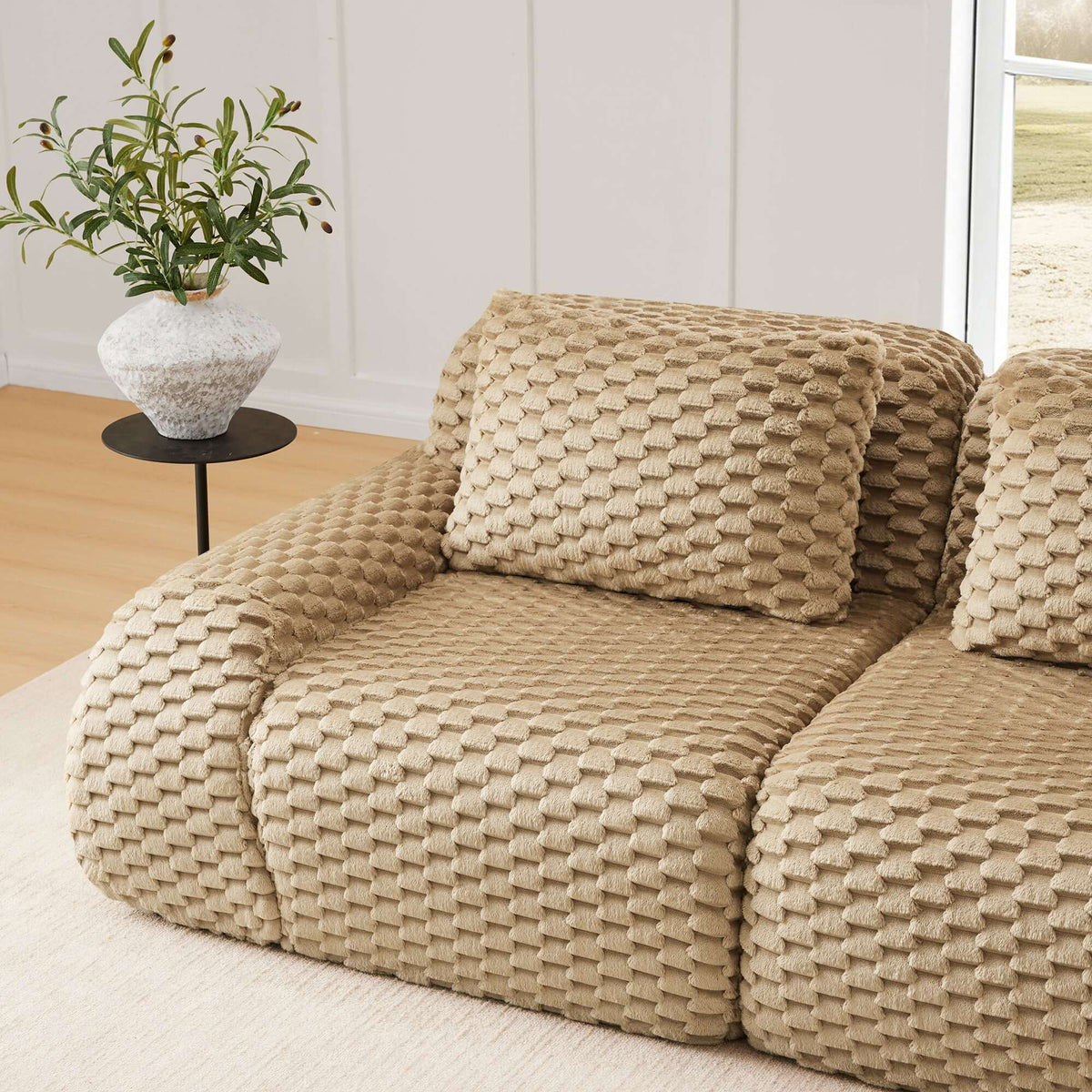 Modern Modular Flannelette Sofa – 82” Boneless Deep Seat Couch with soft beige texture and cozy cushions.