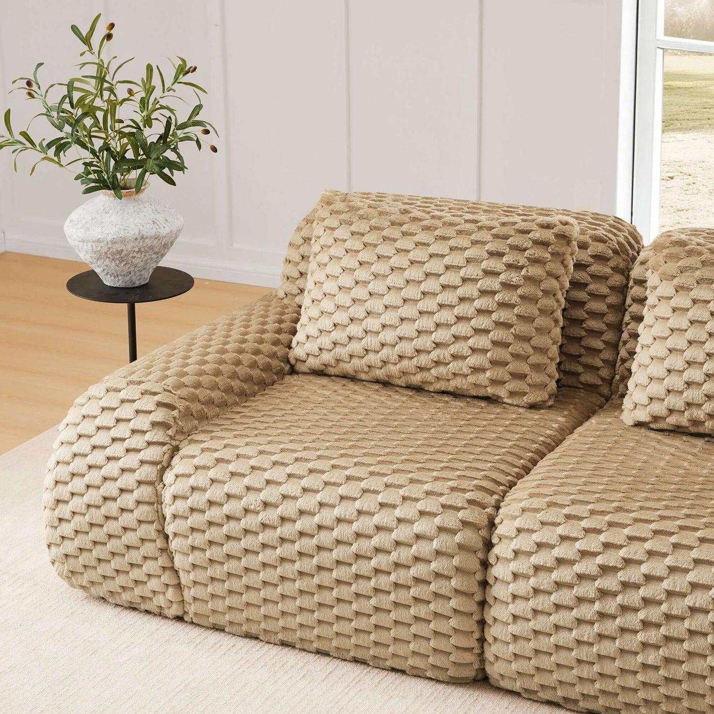 Modern Modular Flannelette Sofa – 82” Boneless Deep Seat Couch with soft beige texture and cozy cushions.