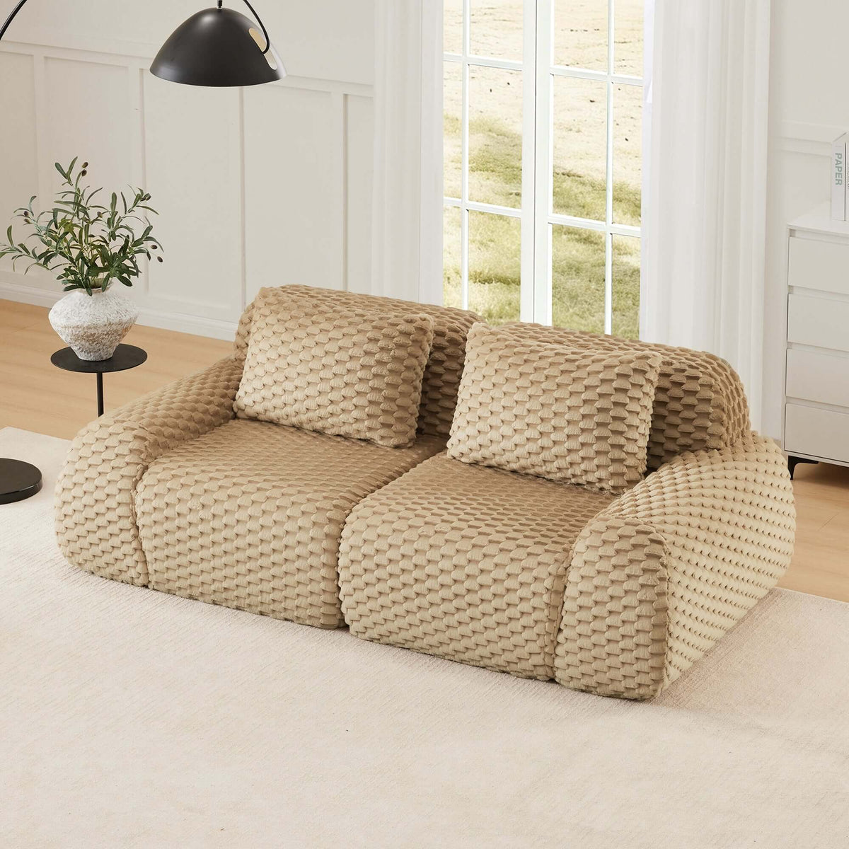 Modern Modular Flannelette Sofa – 82” Boneless Deep Seat Couch in soft beige fabric with plush cushions.