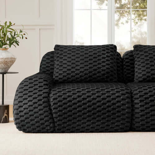 Modern Modular Flannelette Sofa – 82” Boneless Deep Seat Couch in black with textured fabric and plush cushions.