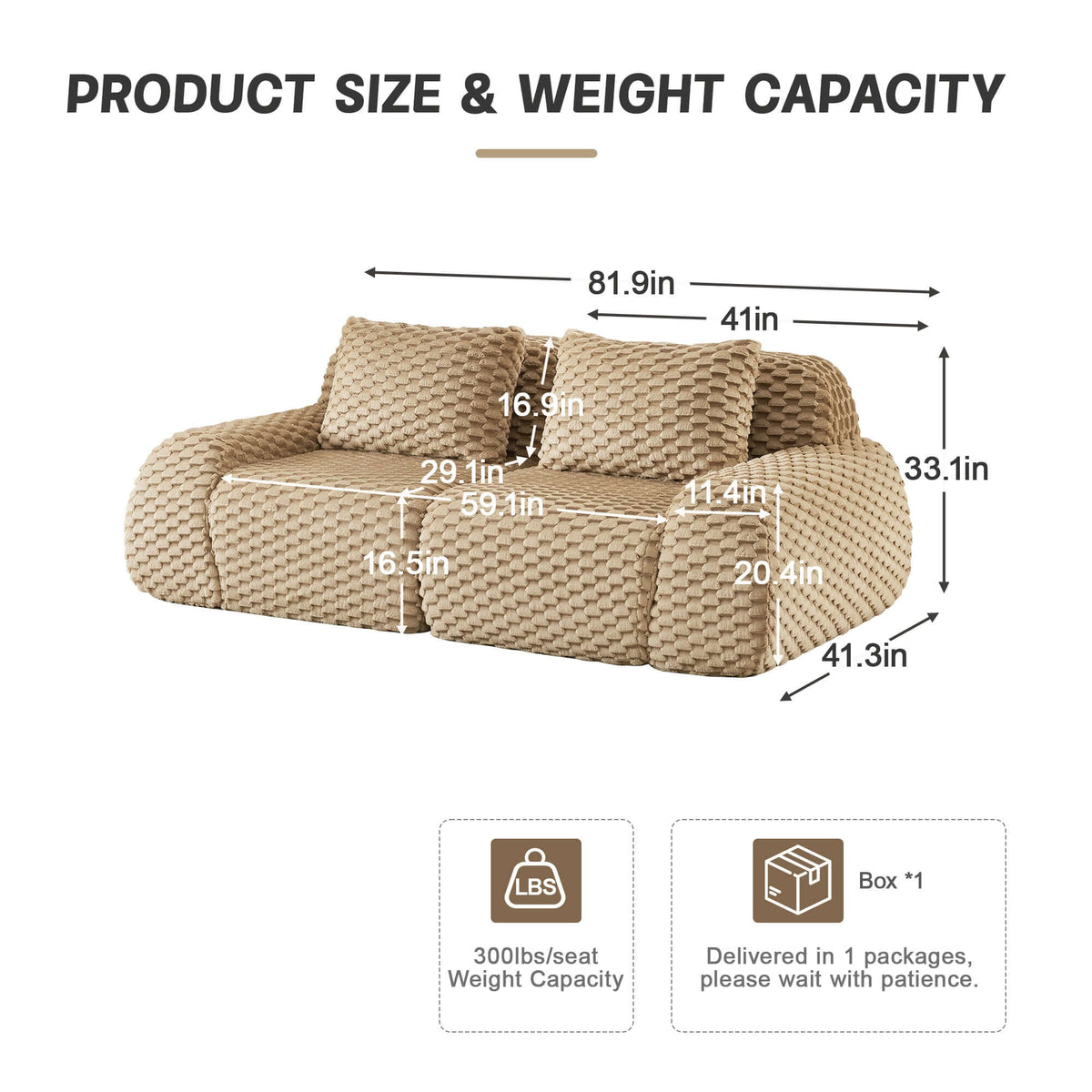 Modern Modular Flannelette Sofa – 82” Boneless Deep Seat Couch size and weight capacity chart with dimensions.