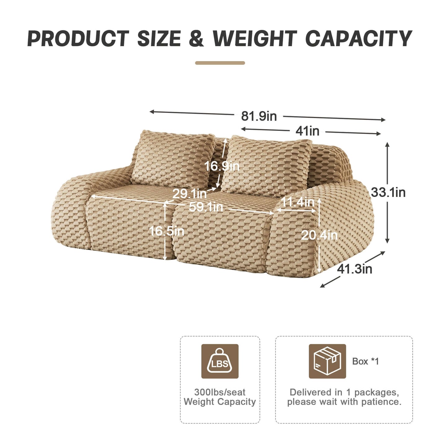 Modern Modular Flannelette Sofa – 82” Boneless Deep Seat Couch size and weight capacity chart with dimensions.