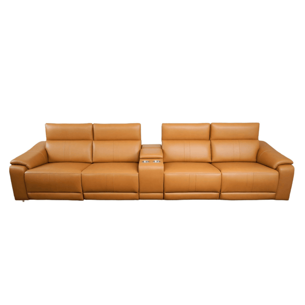 Modern Modular Leather Reclining Sectional Sofa – 5 Piece Couch with Cup Holders (4 Seat) in tan leather upholstery.