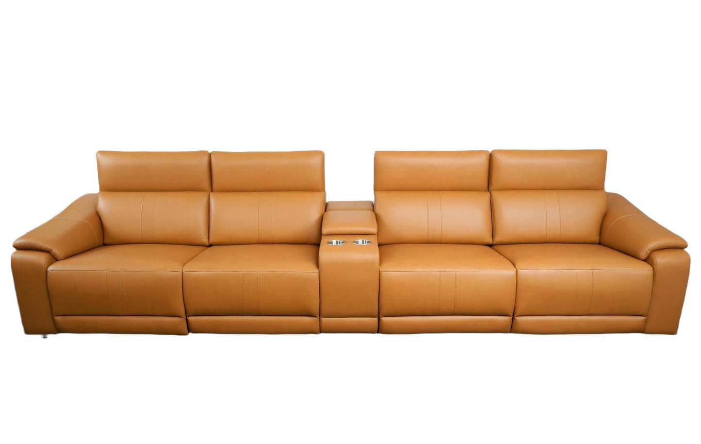 Modern Modular Leather Reclining Sectional Sofa – 5 Piece Couch with Cup Holders (4 Seat) in tan leather finish.