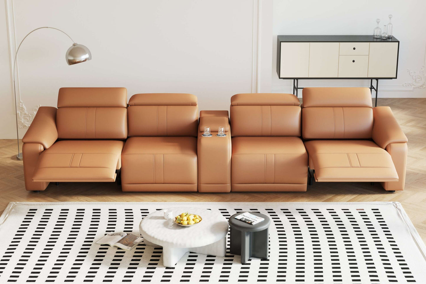 Modern Modular Leather Reclining Sectional Sofa – 5 Piece Couch with Cup Holders (4 Seat) in a stylish living room setting.